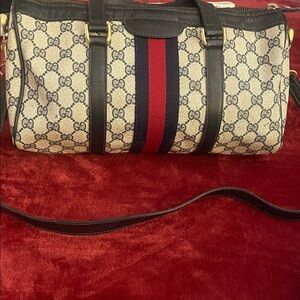 Gucci Beige and Black Crossbody Bag with Red and Blue Stripes